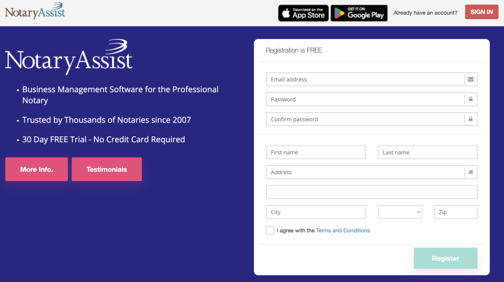 A screenshot of Notary Assist Registration Page